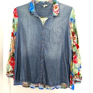 John Mark Tunic Top Womens‎ PXL Chambray Mixed Media Button Up Roll Tab Artsy